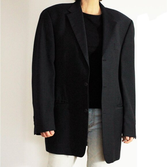Vintage navy blue Lanificio Biella Italy pure virgin wool oversized blazer - Picture 8 of 9
